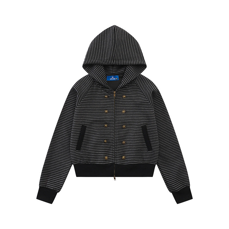 Damen gestreifte Kapuzen-Sweatjacke im Marine‑Look mit Doppelreiher‑Optik und Frontreißverschluss Drune