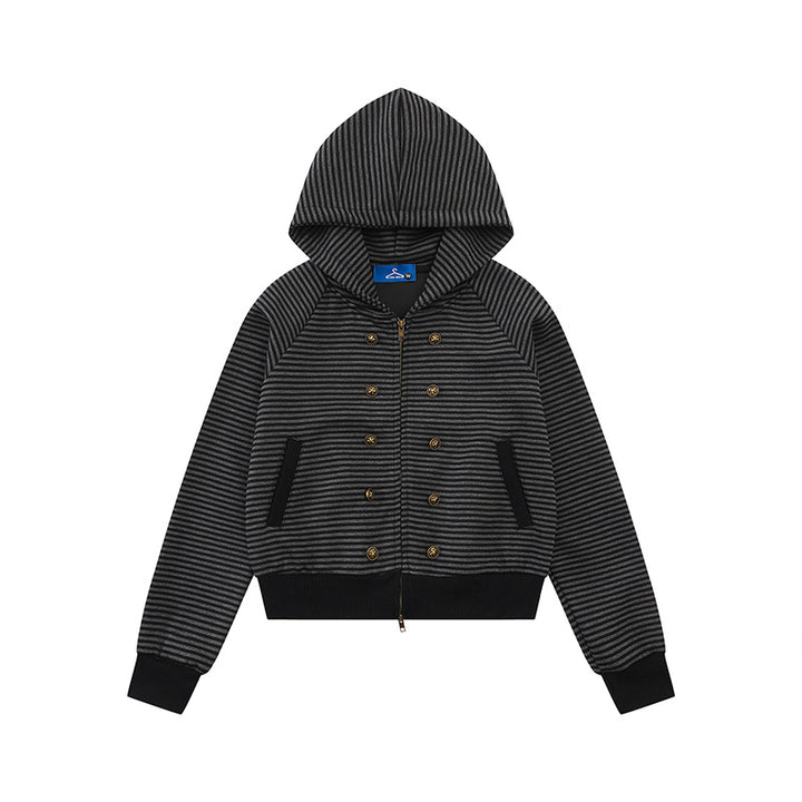 Damen gestreifte Kapuzen-Sweatjacke im Marine‑Look mit Doppelreiher‑Optik und Frontreißverschluss Drune