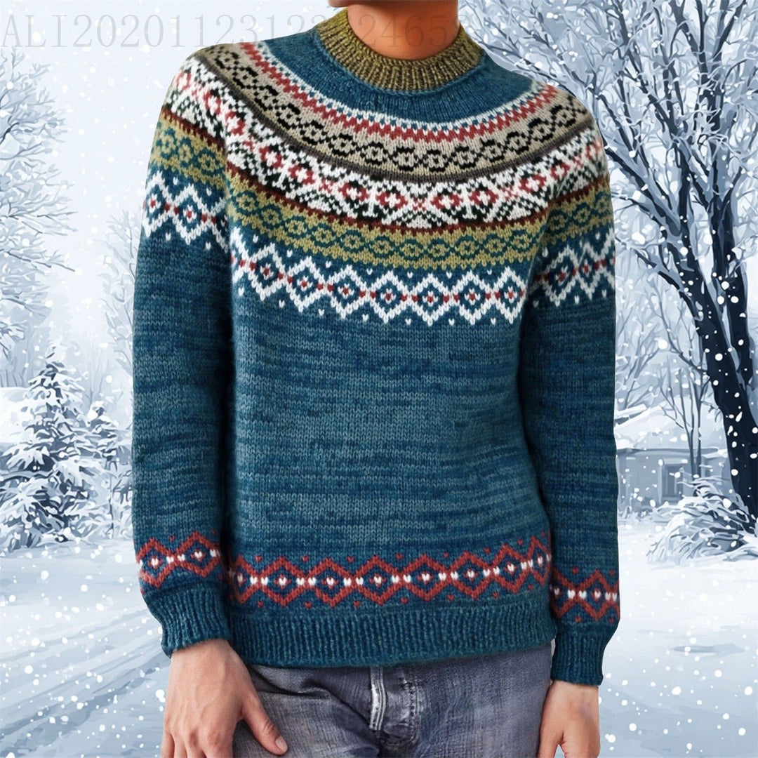 Damen nan melierter Rundhalsausschnittpullover mit kreisförmigem Jacquard-Yoke und geripptem Saum Drune
