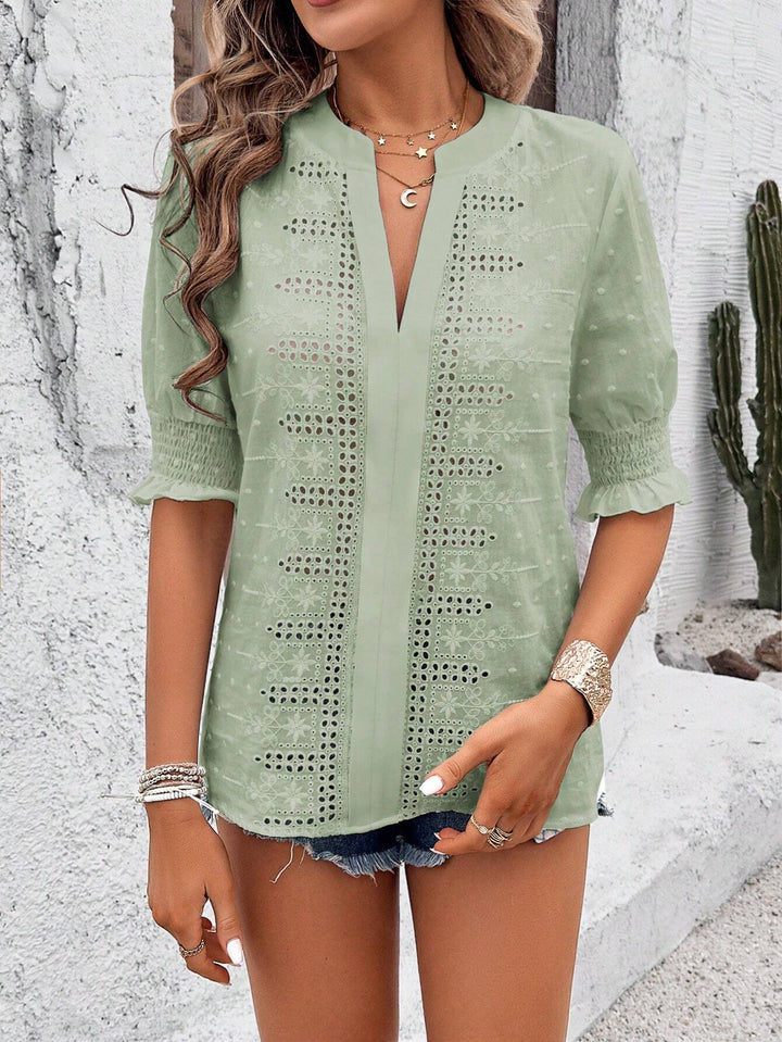 Damen Boho-Tunika mit Broderie-Anglaise und gerafften 3/4-Ärmeln Drune