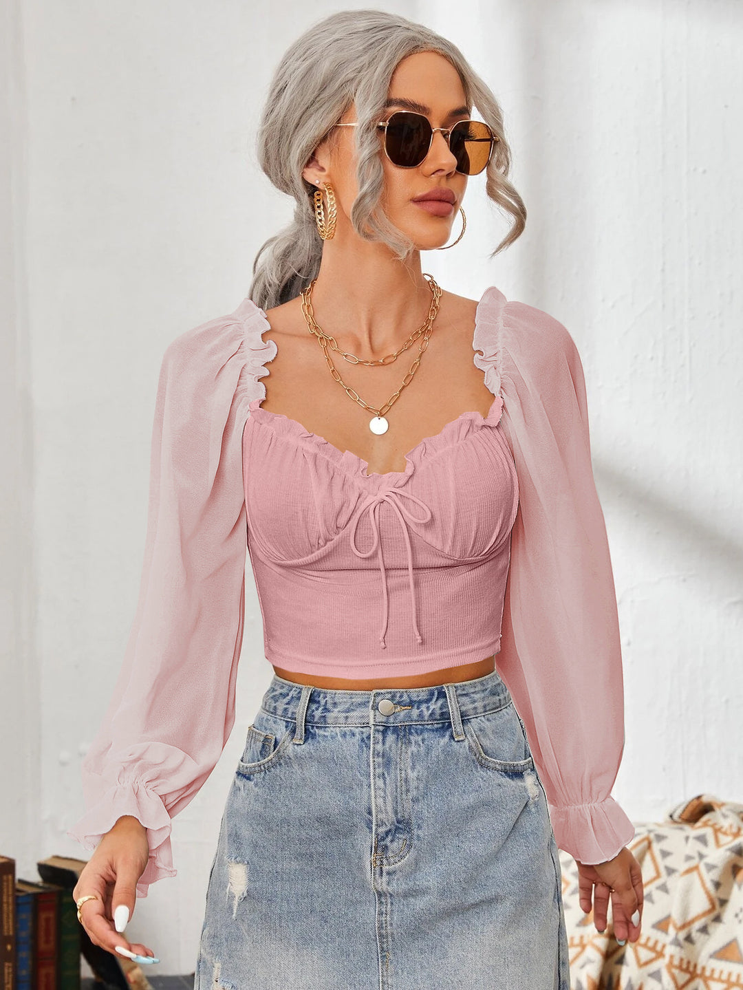 Damen Cropped-Bluse mit Rüschen und eleganten Puffärmeln Drune