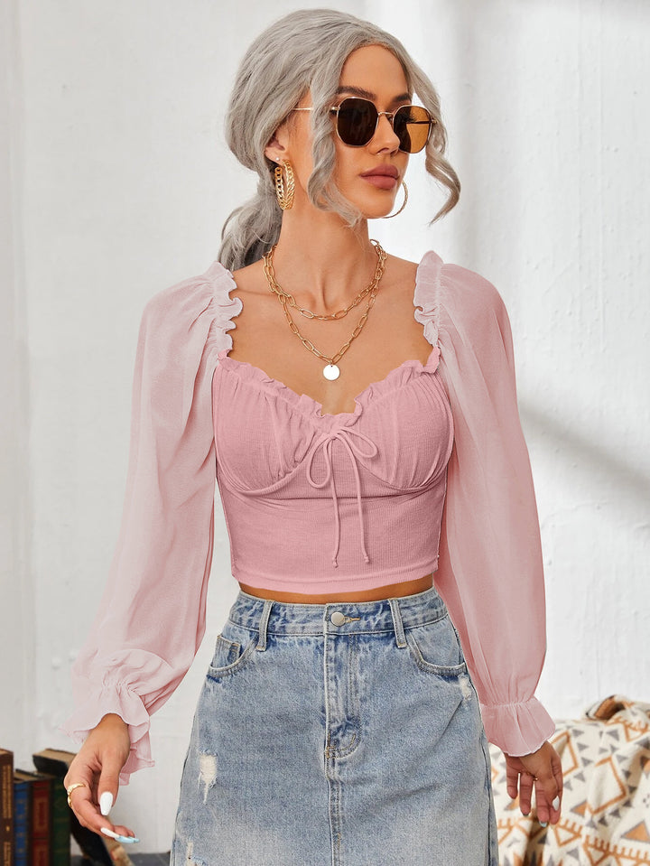 Damen Cropped-Bluse mit Rüschen und eleganten Puffärmeln Drune