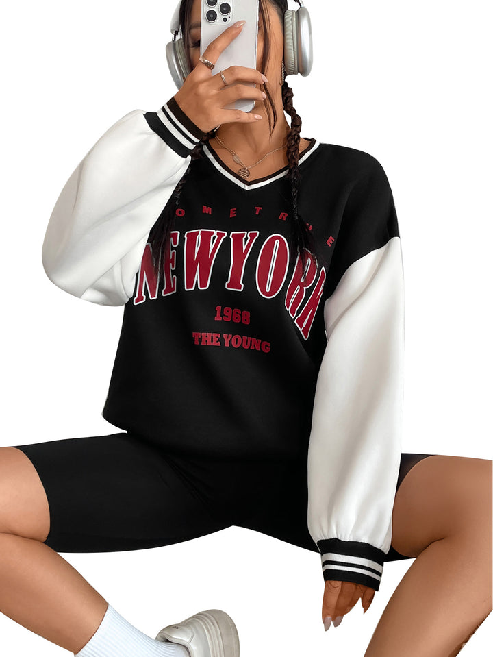 Damen lässiges Sweatshirt mit V-Ausschnitt und sportlichem Schriftzug Drune