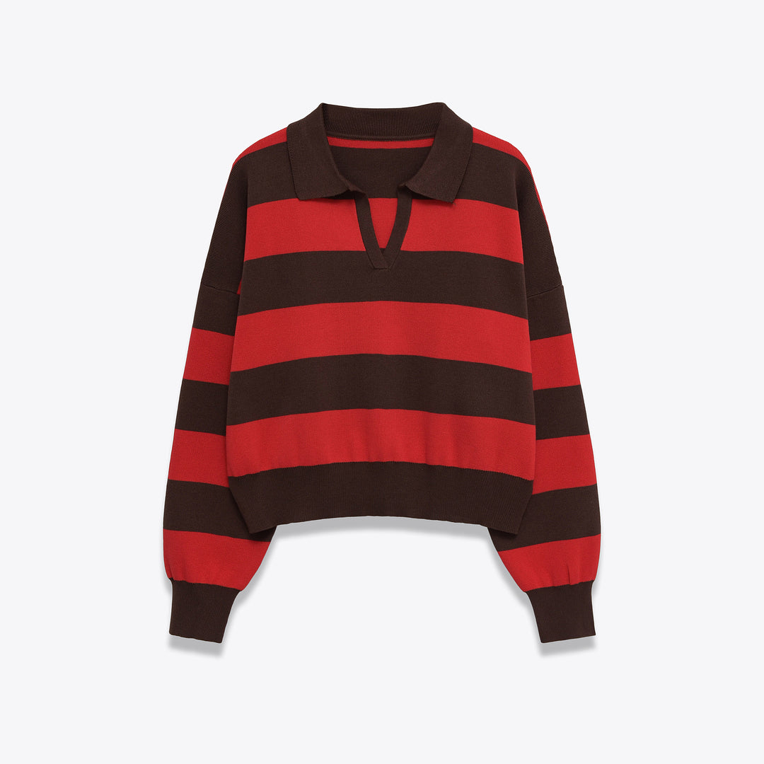 Damen Cropped Oversize Rugby-Pullover mit Polokragen und tiefem V‑Ausschnitt Drune