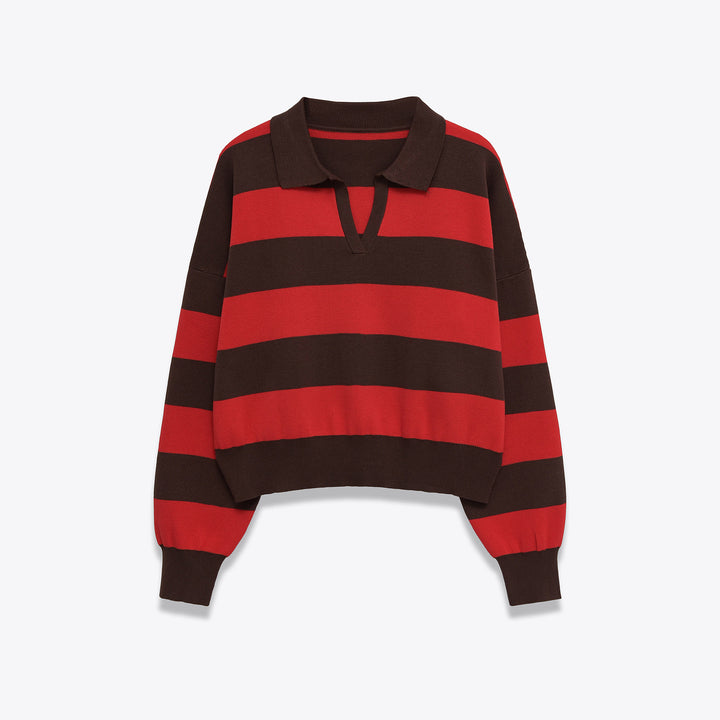 Damen Cropped Oversize Rugby-Pullover mit Polokragen und tiefem V‑Ausschnitt Drune