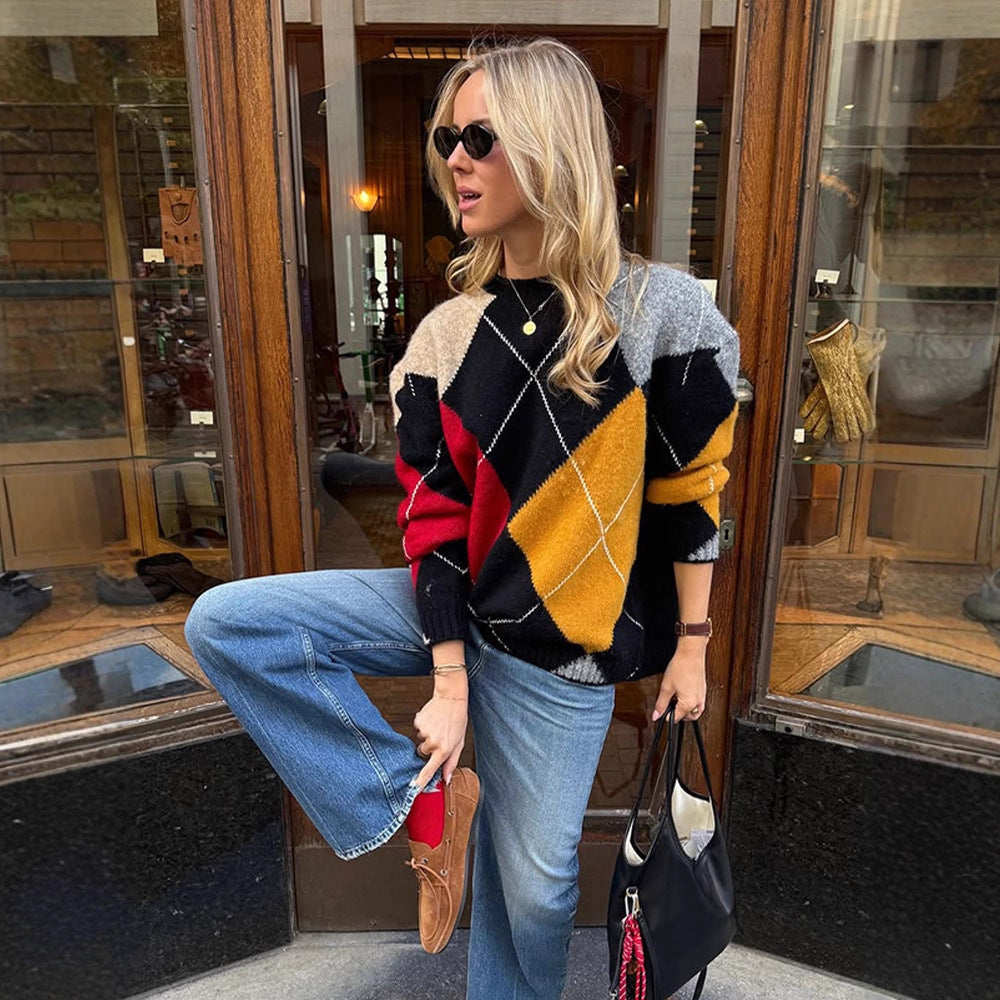 Damen Oversize Argyle-Pullover aus Mohair-Mix mit Rundhalsausschnitt und kontrastierenden Rautendetails Drune