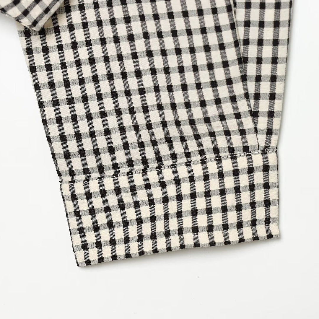 Damen Cropped Boxy-Jacke im Vichy-Karo mit Funnelkragen und verdeckter Knopfleiste Drune