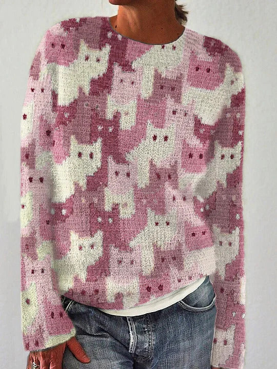 Damen Strickpullover mit verspieltem Katzenmuster Drune
