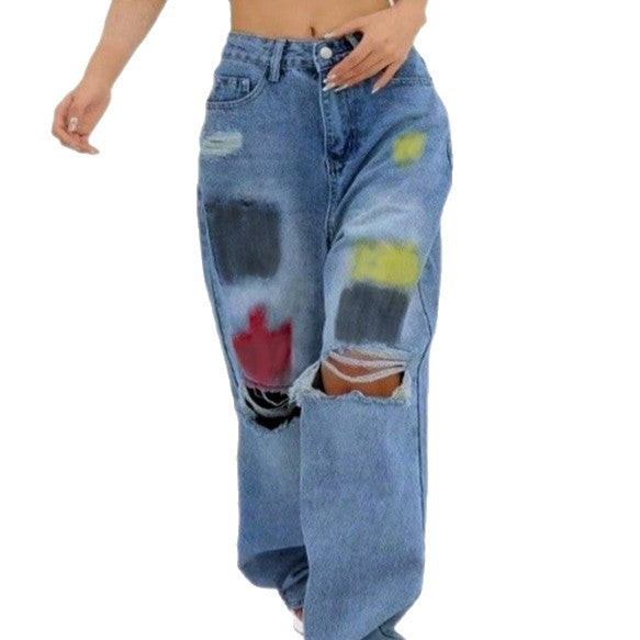 Damen weite Denim-Jeans mit Paint‑Splatter und Distressed-Knie Drune
