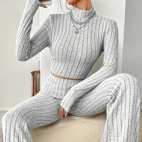 Damen Zweiteiliges Set mit hochgeschlossenem Pullover und ausgestellter Hose Drune