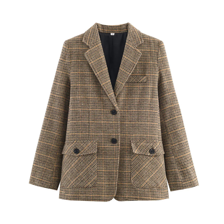 Damen nan taillierter Glencheck-Blazer mit Reverskragen und aufgesetzten Pattentaschen Drune