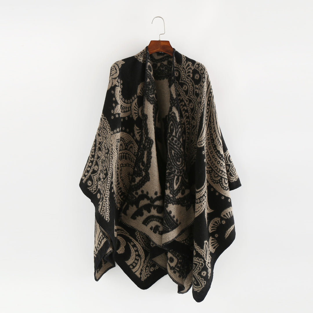 Damen Jacquard-Wollcape mit Paisley-Muster und offenem Überwurf Drune