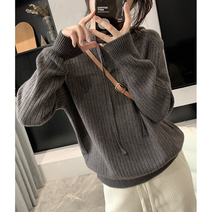 Damen lässiger Strickpullover mit Kapuze und feinem Rippenmuster Drune