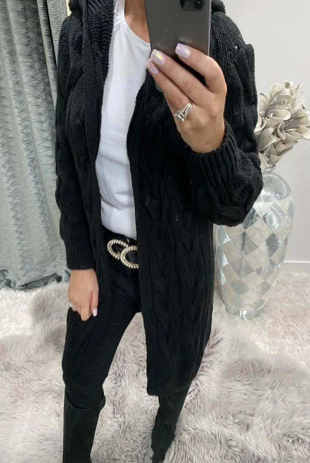 Damen Strickmantel mit praktischem Kapuzendesign Drune