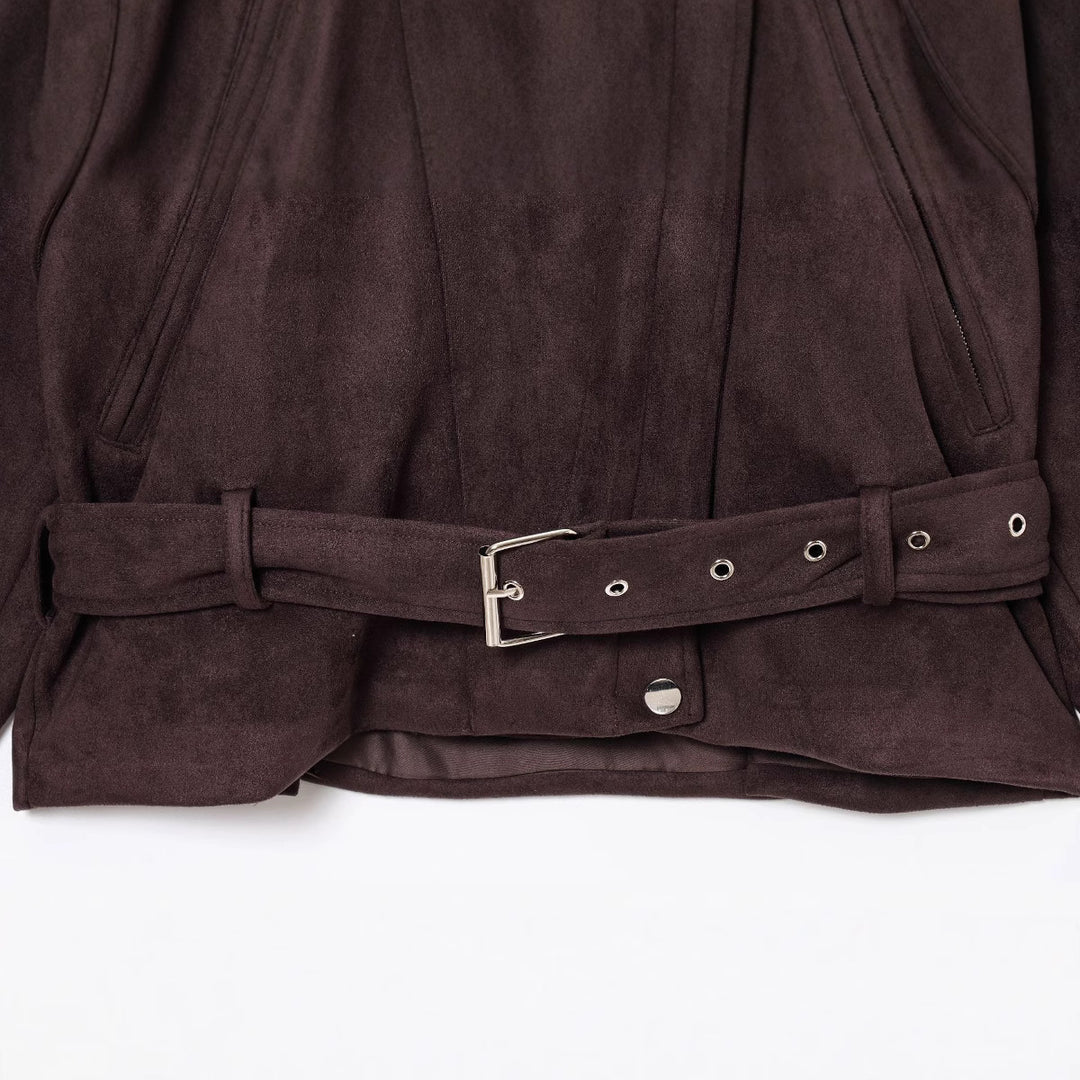 Damen elegante Wildlederjacke mit funktionalen Reißverschlüssen und Taillengürtel Drune