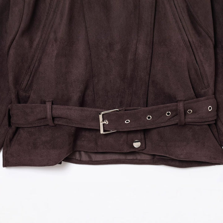 Damen elegante Wildlederjacke mit funktionalen Reißverschlüssen und Taillengürtel Drune
