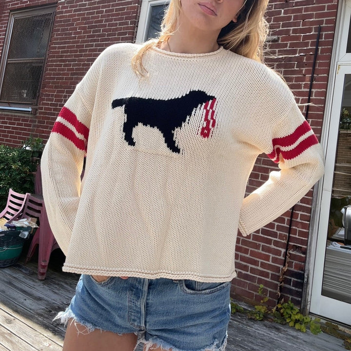 Damen Grobstrickpullover mit Hunde-Jacquard und Sportstreifen Drune