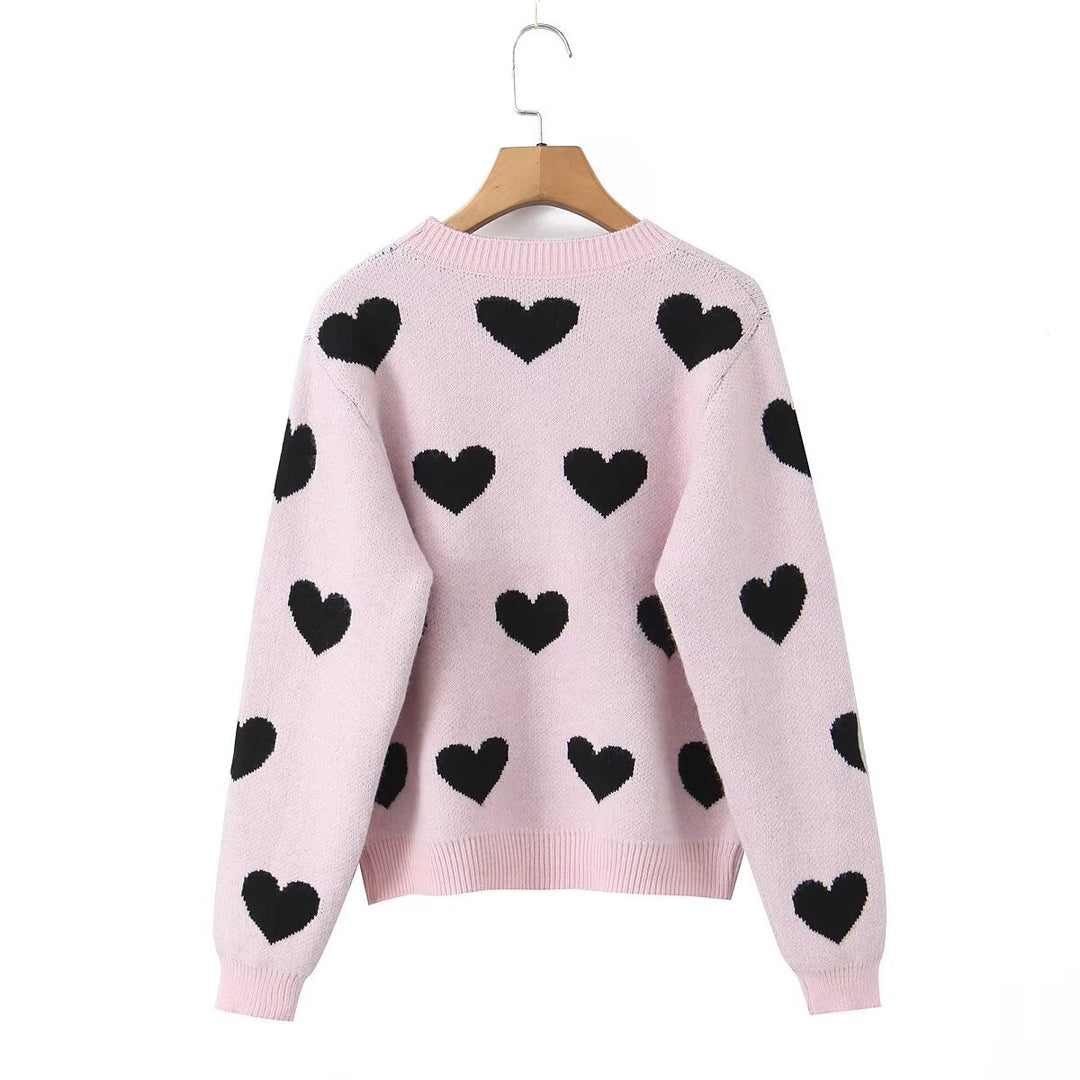 Damen Gemusterter Oversize Strickpullover mit Herzjacquard und Rundhalsausschnitt Drune