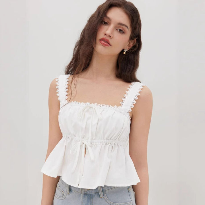 Damen luftiges Crop-Top mit verstellbarem Kordelzug und Rüschendetails Drune