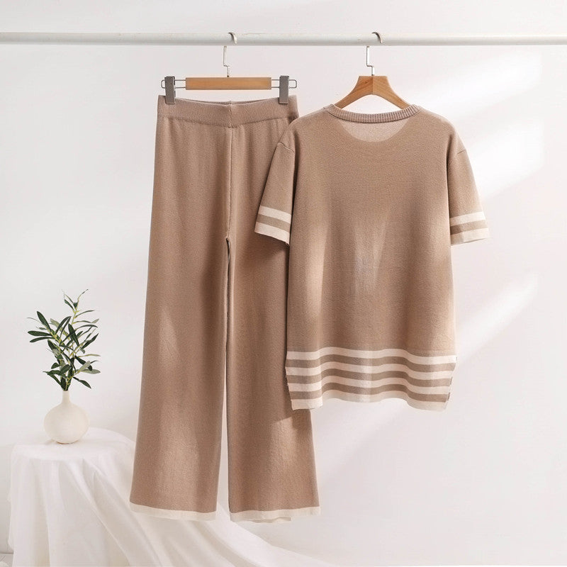 Damen stylisches Strick-Loungewear-Set mit breiten Streifen und seitlichen Schlitzen Drune