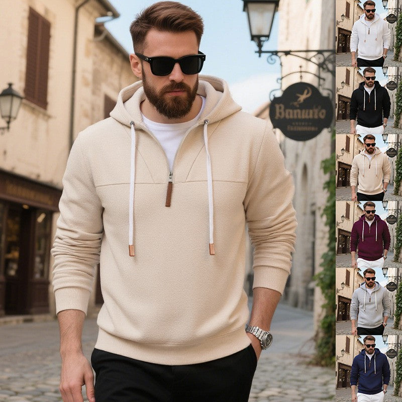 Herren nan minimalistischer Soft‑Fleece Halbzip‑Hoodie mit Lederzipper und Kordelzug Drune