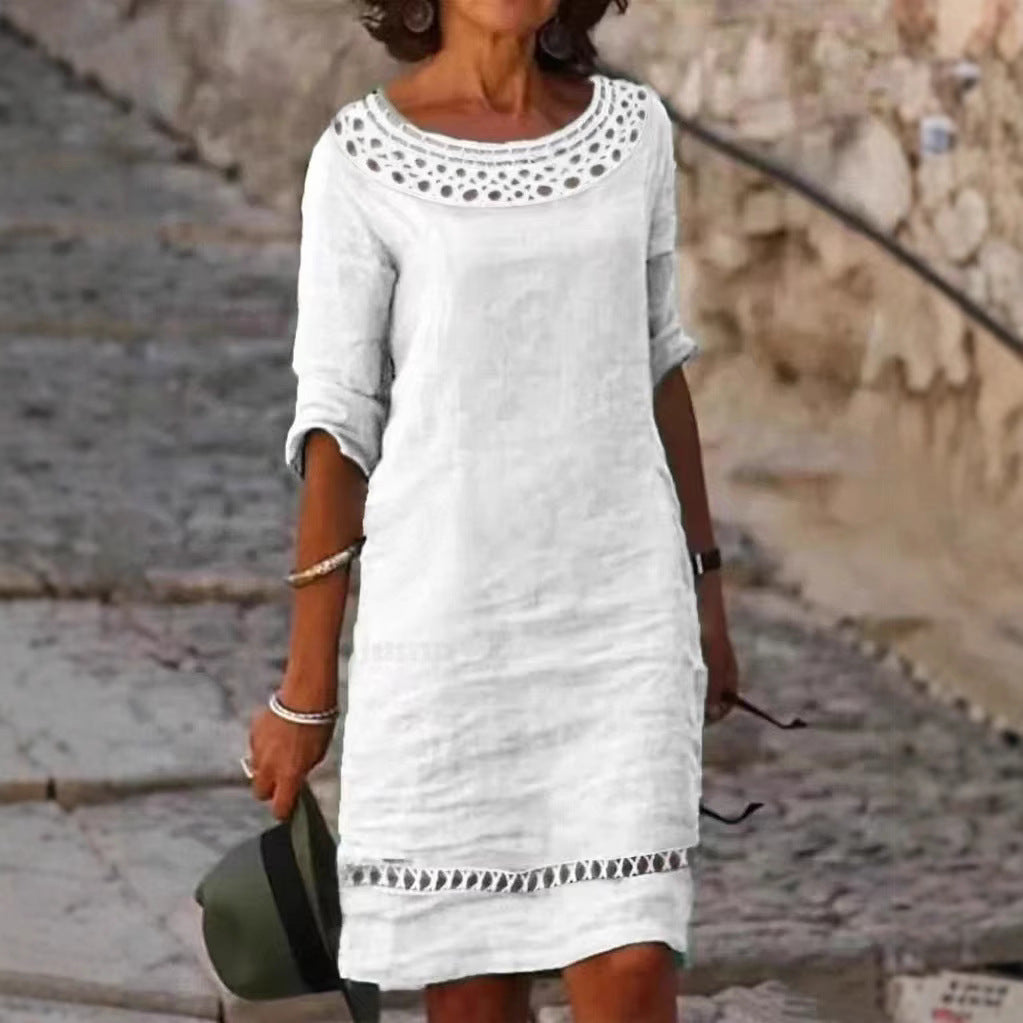 Damen lässiges Sommerkleid mit elegantem Häkelkragen und durchgehendem Schnitt Drune
