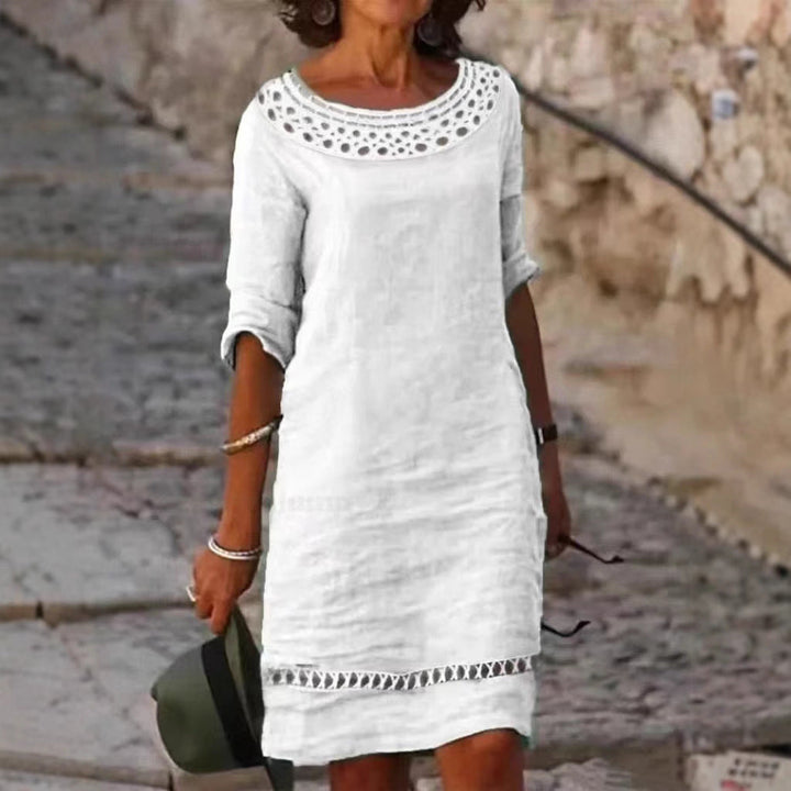 Damen lässiges Sommerkleid mit elegantem Häkelkragen und durchgehendem Schnitt Drune