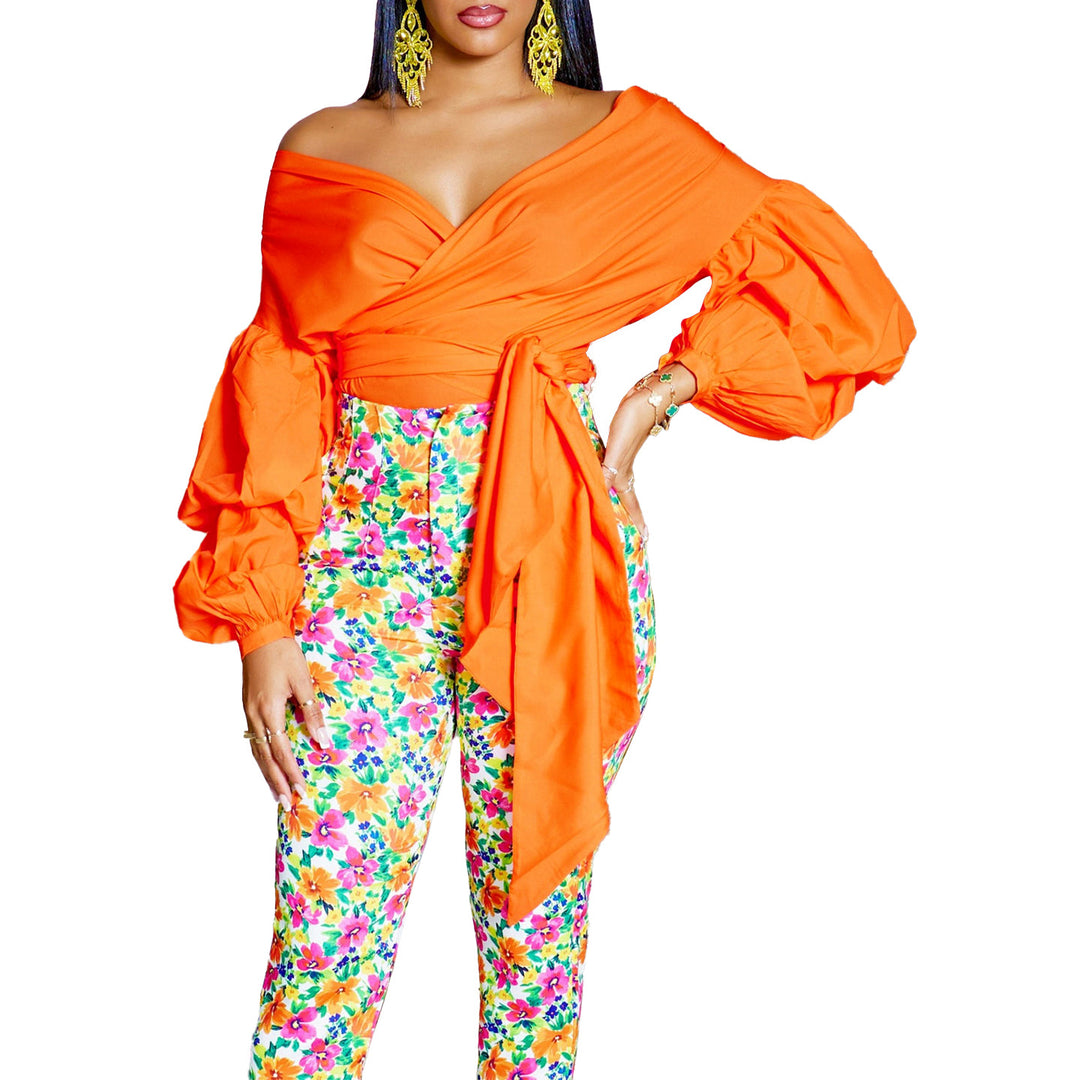 Damen Wickelbluse mit voluminösen Ärmeln und elegantem Taillengürtel Drune