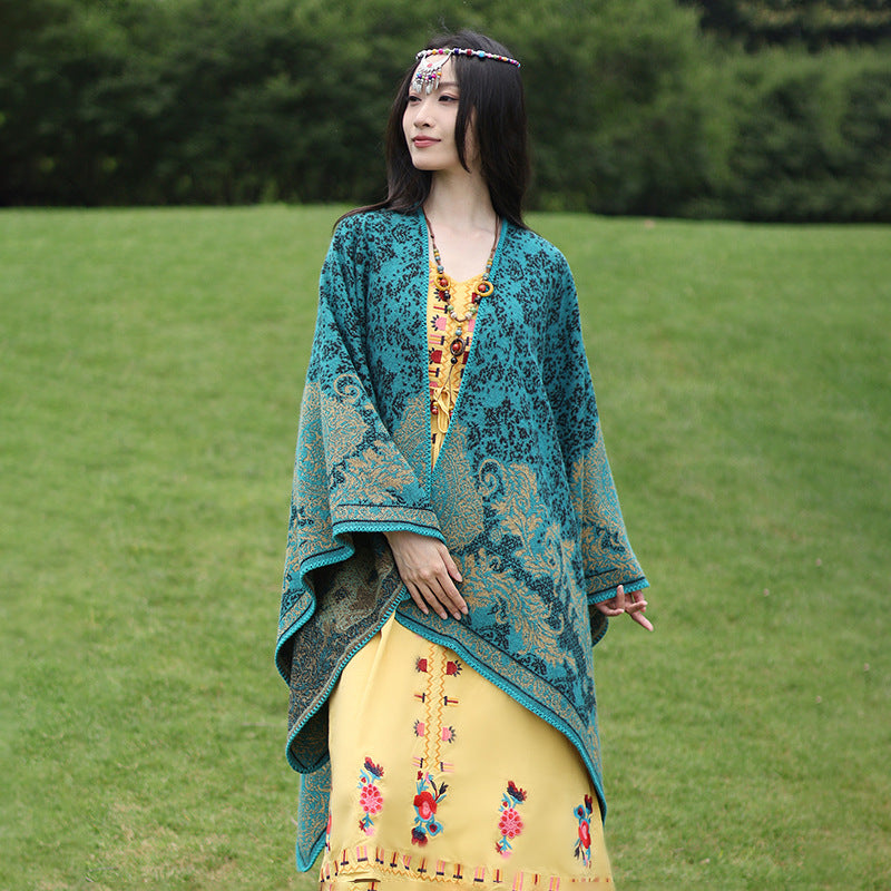 Damen Ornamentaler Jacquard‑Capeponcho mit offenem Fall und Zierkettelnaht Drune