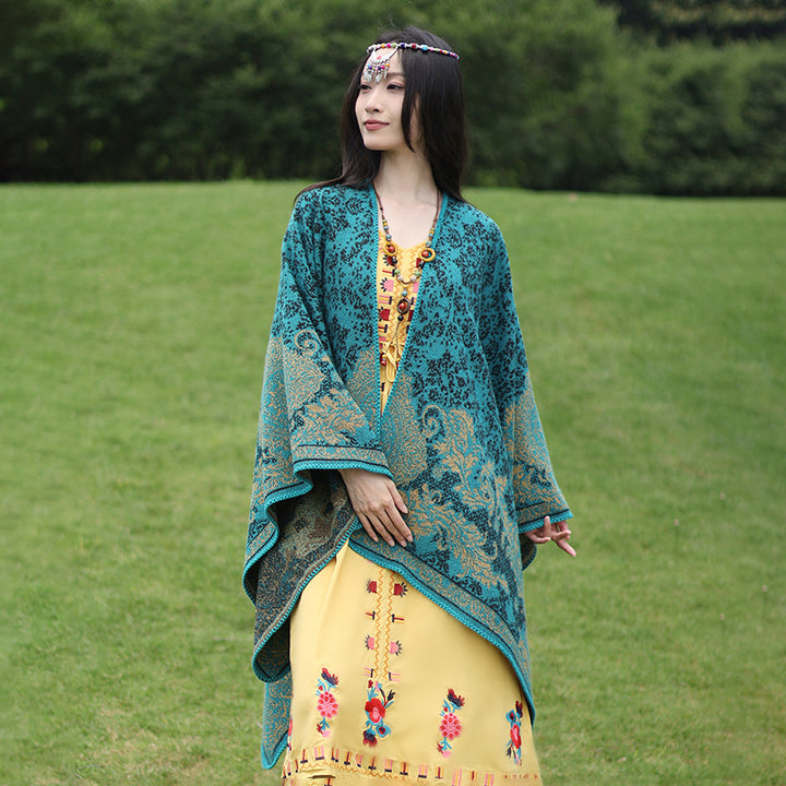Damen Ornamentaler Jacquard‑Capeponcho mit offenem Fall und Zierkettelnaht Drune