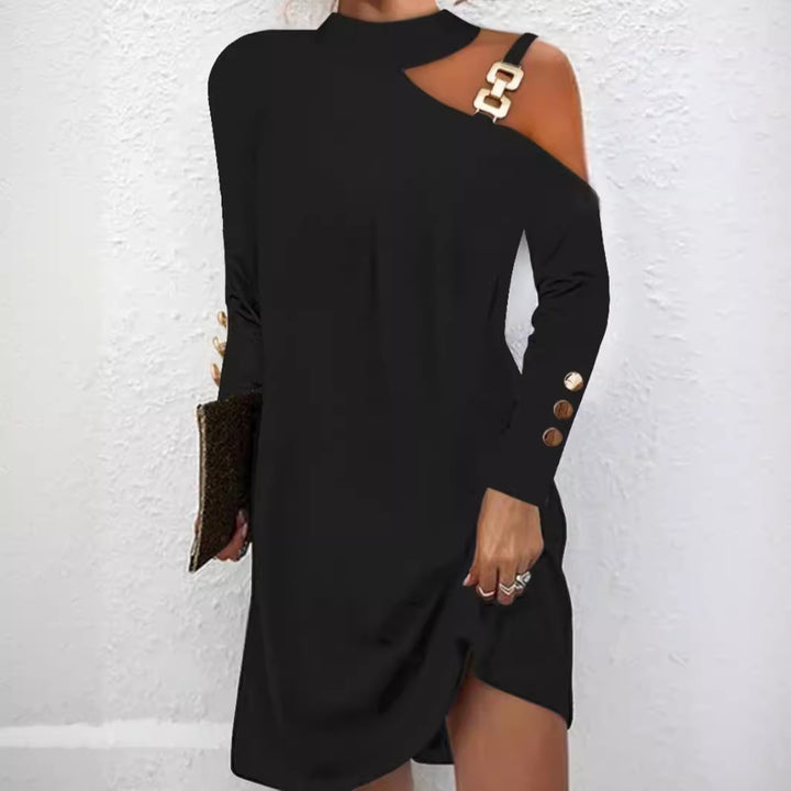 Damen nan asymmetrisches Minikleid mit Stehkragen, Cut-Out-Schulter und Zierkettenträger Drune