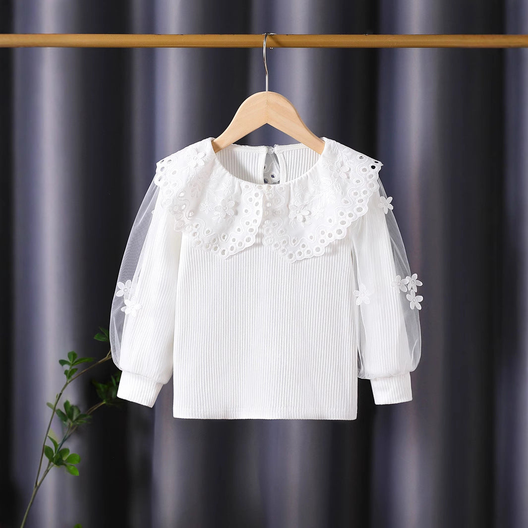 Mädchen Bluse mit voluminösen Tüllärmeln und aufwändigen Blumenstickereien Drune