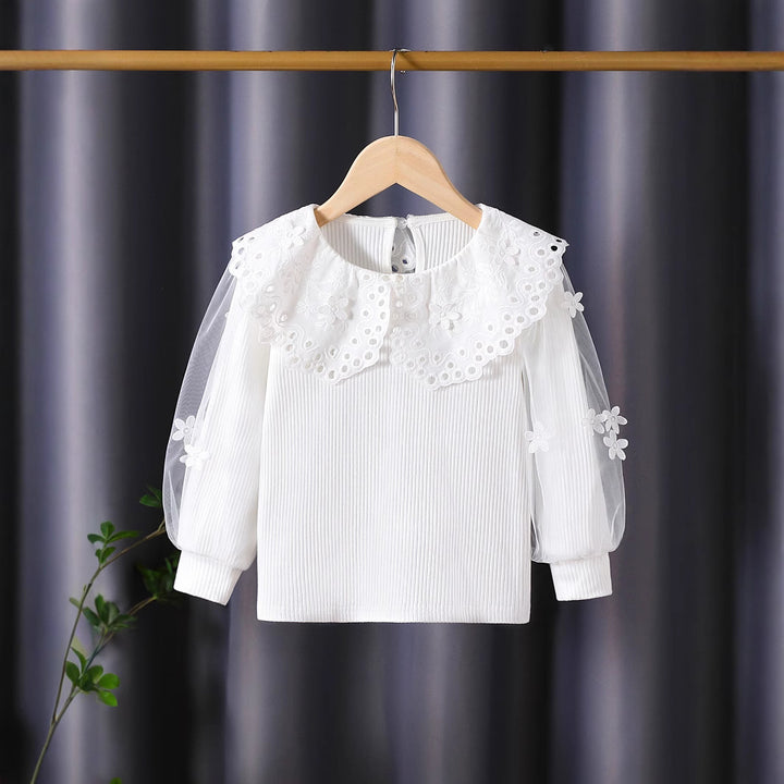 Mädchen Bluse mit voluminösen Tüllärmeln und aufwändigen Blumenstickereien Drune