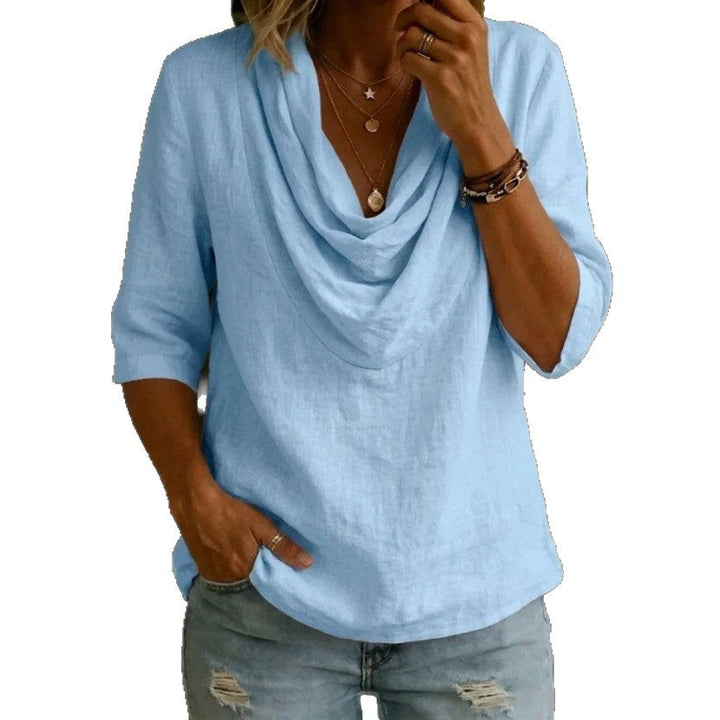 Damen nan luftige Leinenbluse mit drapiertem Wasserfallkragen, lockerer Silhouette und dreiviertelärmeln Drune