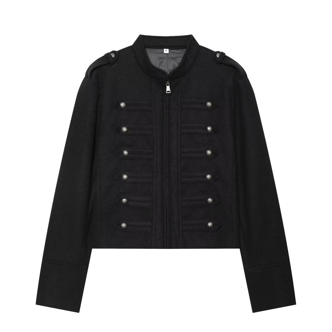 Damen Militärisch inspirierte kurze Wolljacke mit Stehkragen Drune