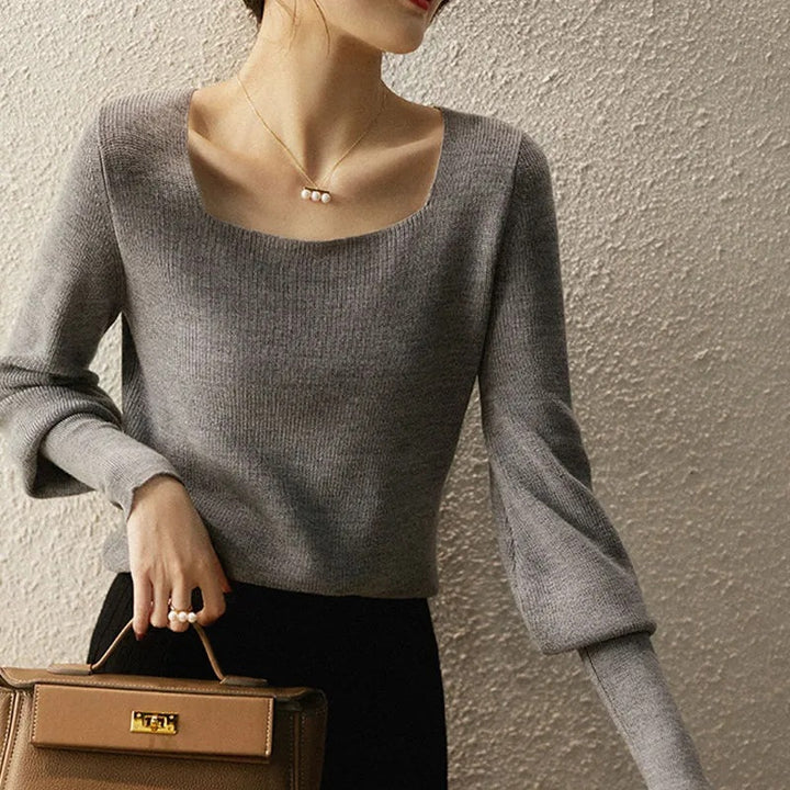 Damen eleganter Strickpullover mit schickem Quadrat-Ausschnitt und weitem Schnitt Drune