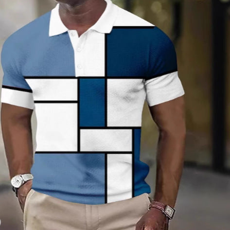 Herren nan kurzärmeliges Poloshirt mit geometrischem Blockmuster und feinem Strukturpiqué Drune