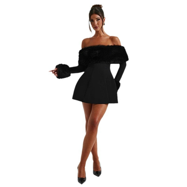 Damen Offshoulder-Kleid mit luxuriöser Futterverzierung und schwingendem Rock Drune