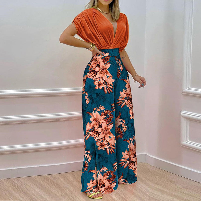 Damen Jumpsuit mit tiefem V-Ausschnitt und weitem Bein Drune