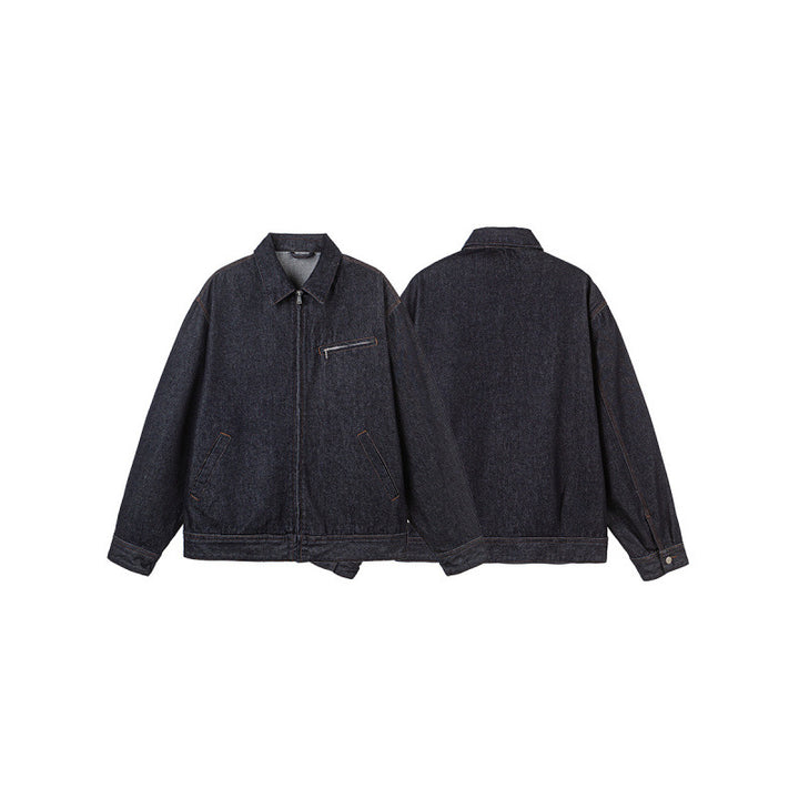 Herren Boxy-Denimjacke mit durchgehendem Reißverschluss, Brust-Reißverschlusstasche und Hemdkragen Drune