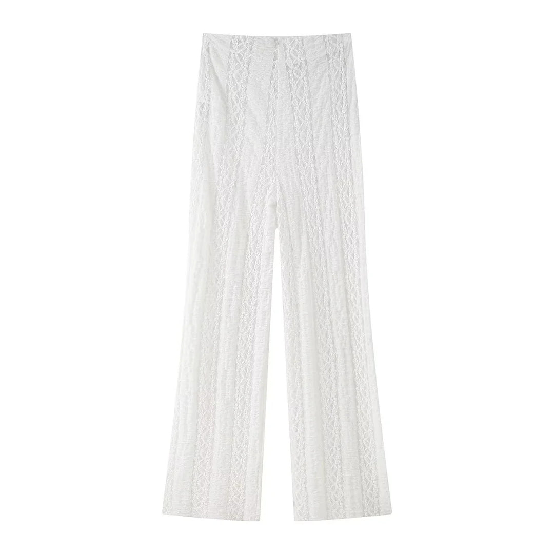 Damen elegante Palazzo-Hose mit floralem Spitzenmuster Drune