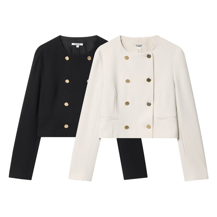 Damen Kurzer Doppelreihiger Blazer mit Rundhals und Zierknöpfen Drune
