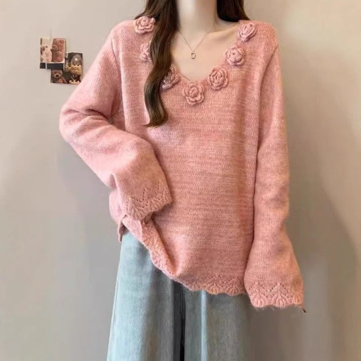 Damen Großer Strickpullover mit floralen Applikationen Drune