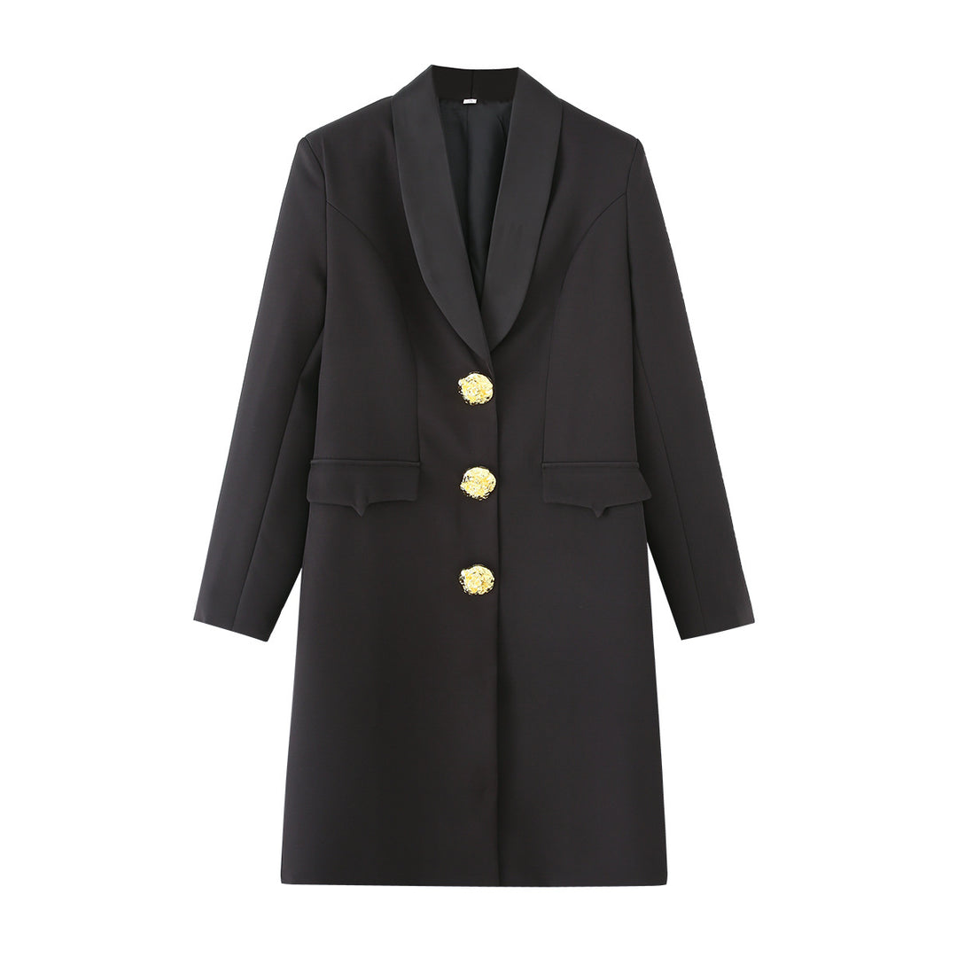 Damen nan taillierter Longblazer mit Schalkragen markanten Schmuckknöpfen und Pattentaschen Drune
