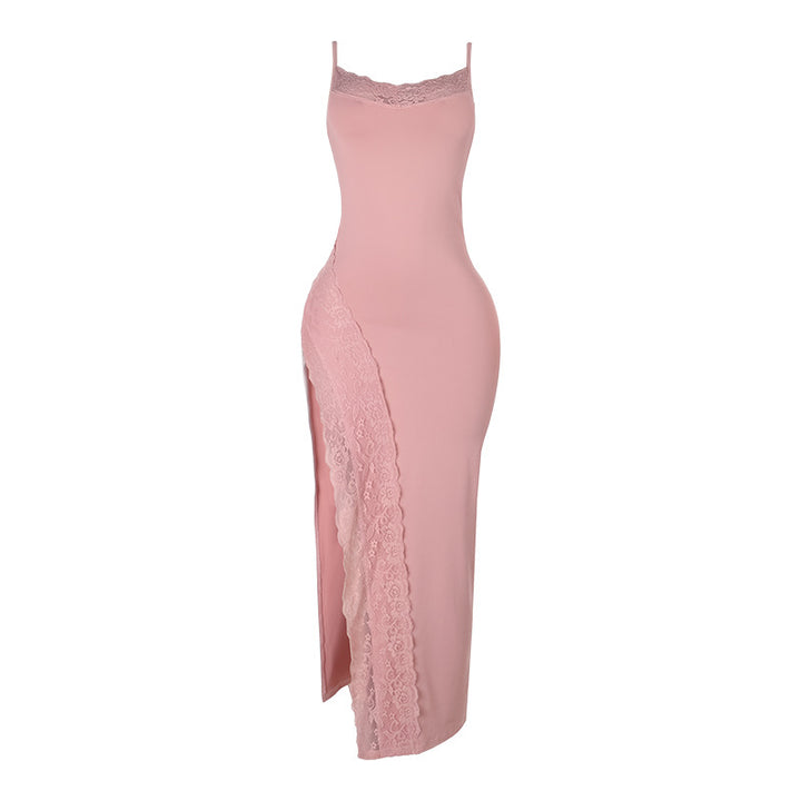Damen elegantes Spitzen-Maxikleid mit zarten Trägerspitzendetails Drune