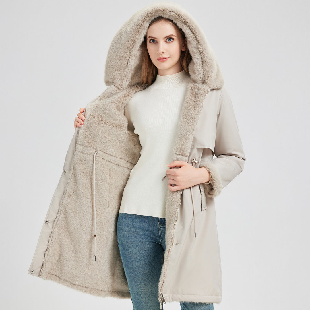 Damen Eleganter und warmer Parka mit abnehmbarem Kunstfellkragen und praktischen Schnürdetails Drune
