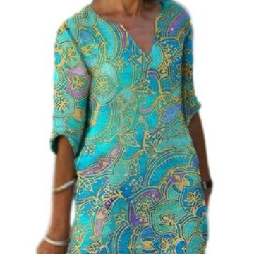Damen Freizeitleichtkleid mit elegantem V-Ausschnitt und buntem Muster Drune