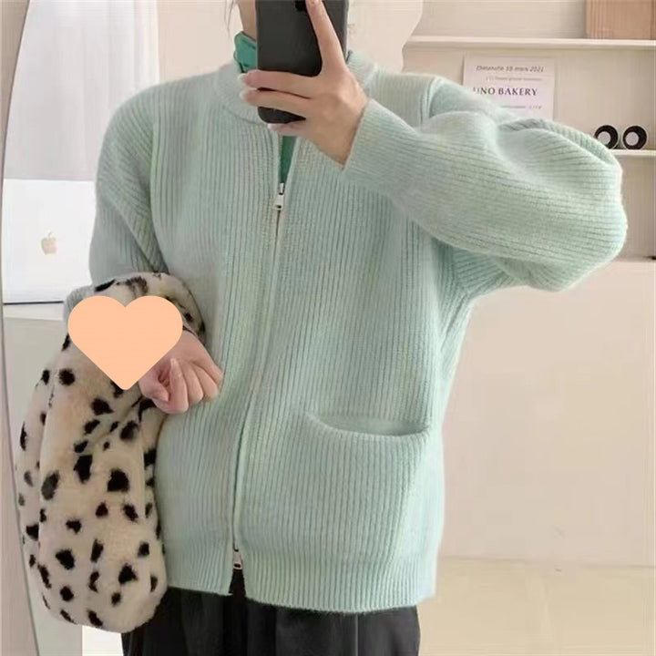 Damen lässige Strickjacke mit Reißverschluss und großen Taschen Drune