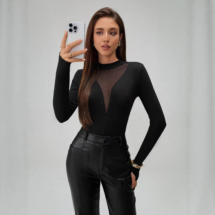 Damen nan figurbetonter Langarm-Body mit transparenten Mesh-Einsätzen, Stehkragen und hohem Beinausschnitt Drune