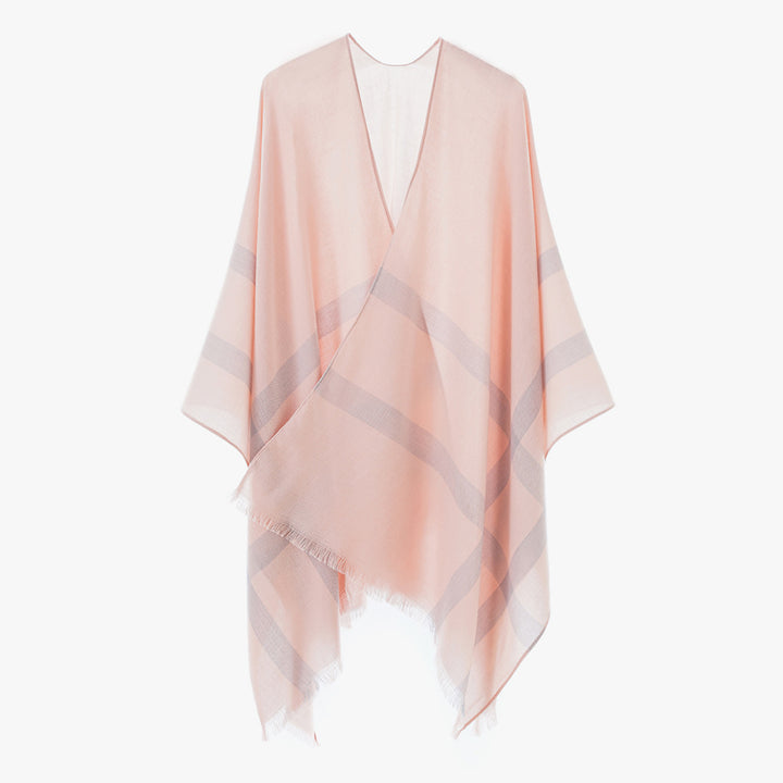 Damen leichter Feinstrick-Cape mit diagonalen Kontraststreifen und Fransen Drune